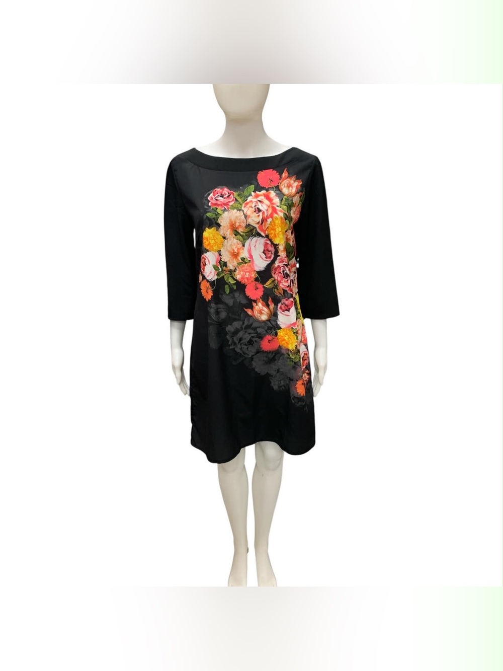 Promod Black Long-Sleeve Floral Shift Dress with Pink & Yellow Blooms Size M